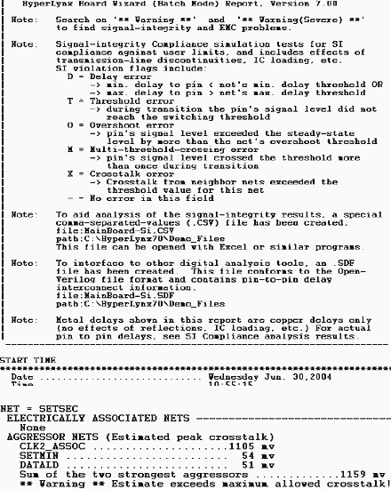 Figure 13 and 14. The top pane is the header of the BoardSim Board Wizard. The second pane shows a crosstalk of 1159 mV on the SETSEC (other) signal. The goal is to look for clock of buss signals showing up as crosstalk contributors in an 'other' signal